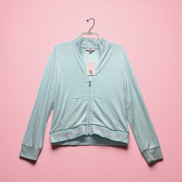 JUICY COUTURE Size L Velour Frosted Blue NWT Silver Stripe - Picture 1 of 8